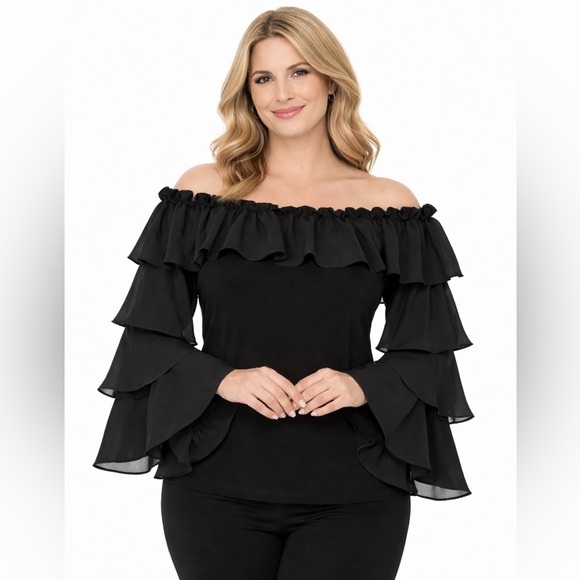 Joseph Ribkoff Tops - Joseph Ribkoff Off Shoulder Tiered Ruffle Blouse Style 191258 Black Size 12